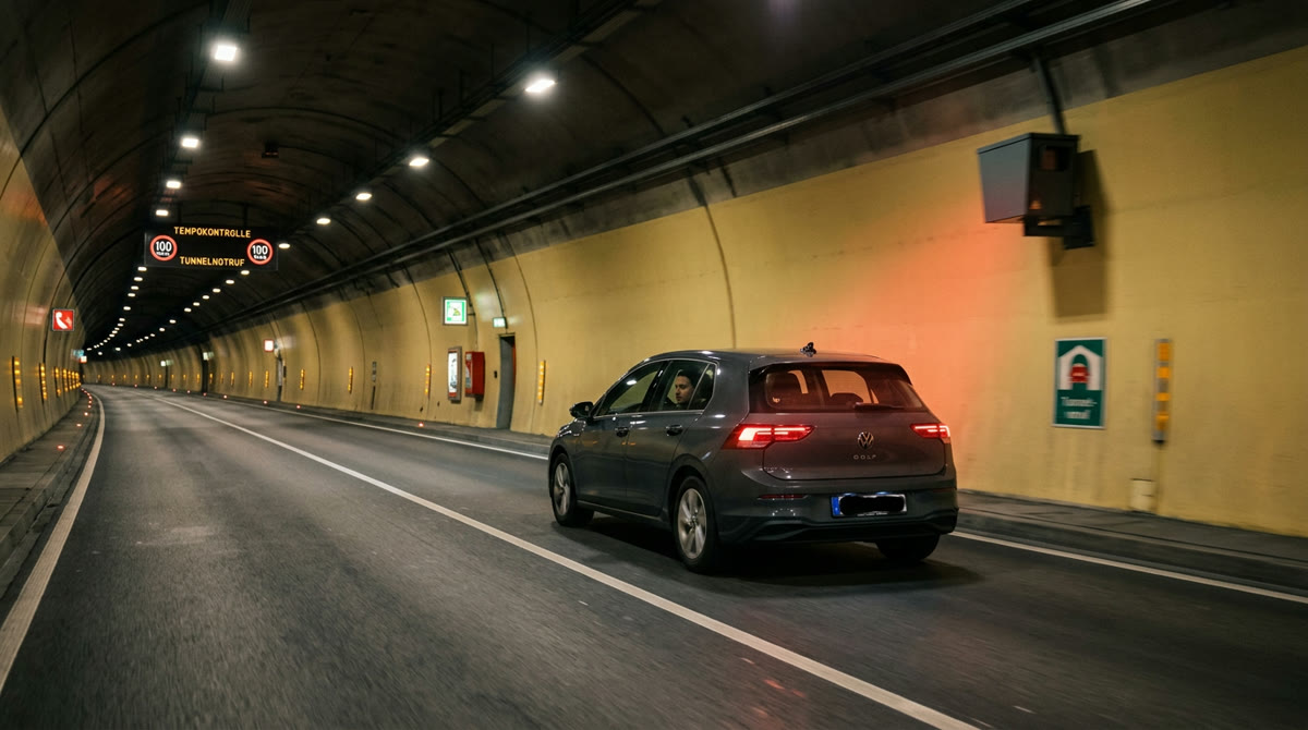 Autofahrer fährt ahnungslos durch den Tunnel, während der unsichtbare Blitzer auslöst